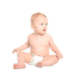 Photo of Cute little baby on white background. Crawling time