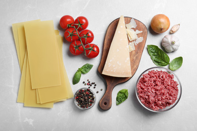 Photo of Fresh ingredients for lasagna on light grey marble table, flat lay