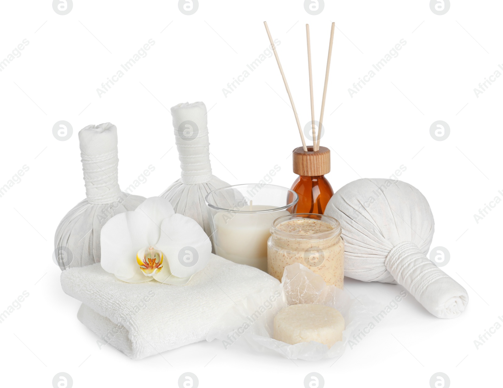 Photo of Beautiful spa composition with different body care products isolated on white