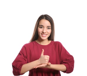 Woman showing HELP gesture in sign language on white background