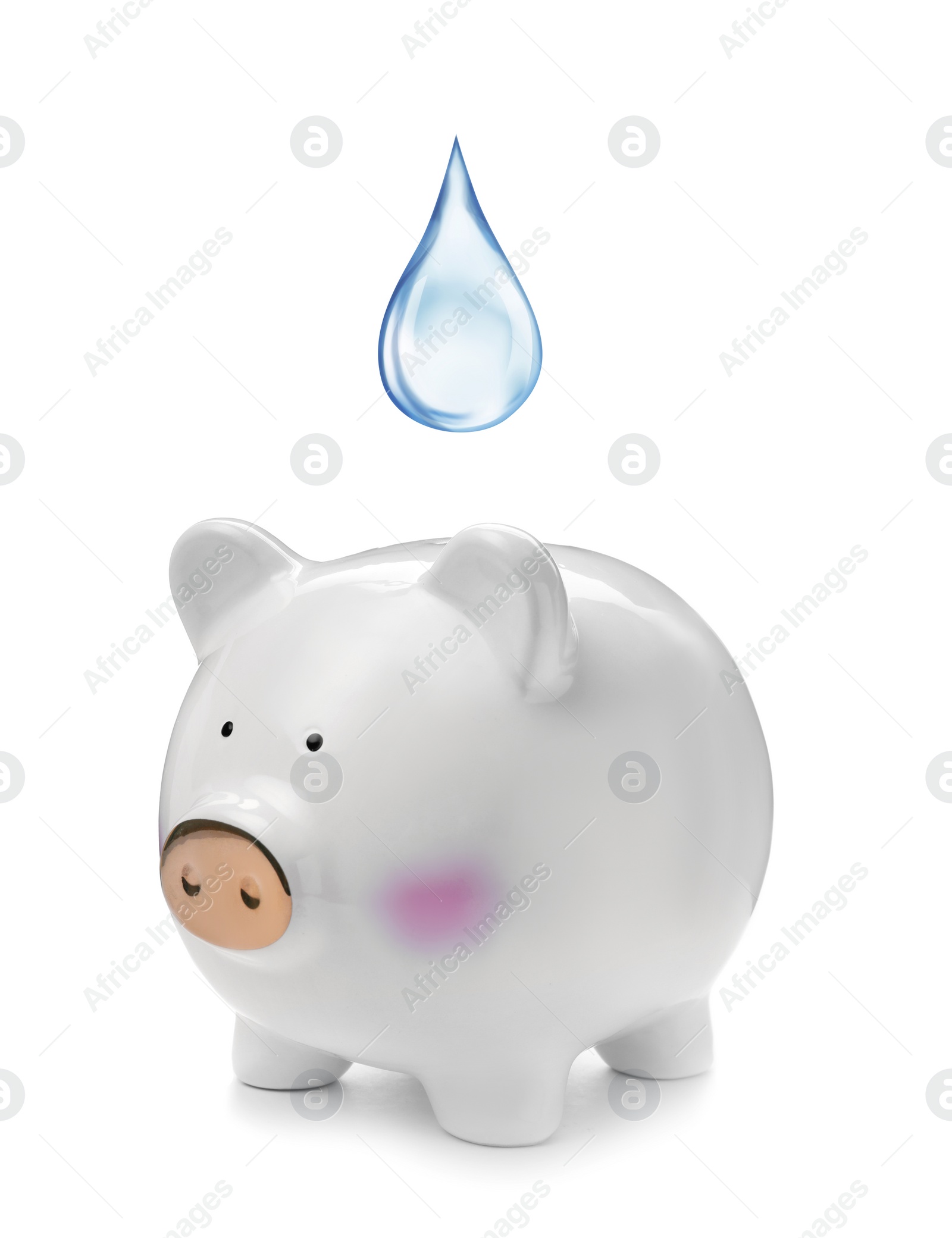 Image of Water scarcity concept. Piggy bank and drop on white background