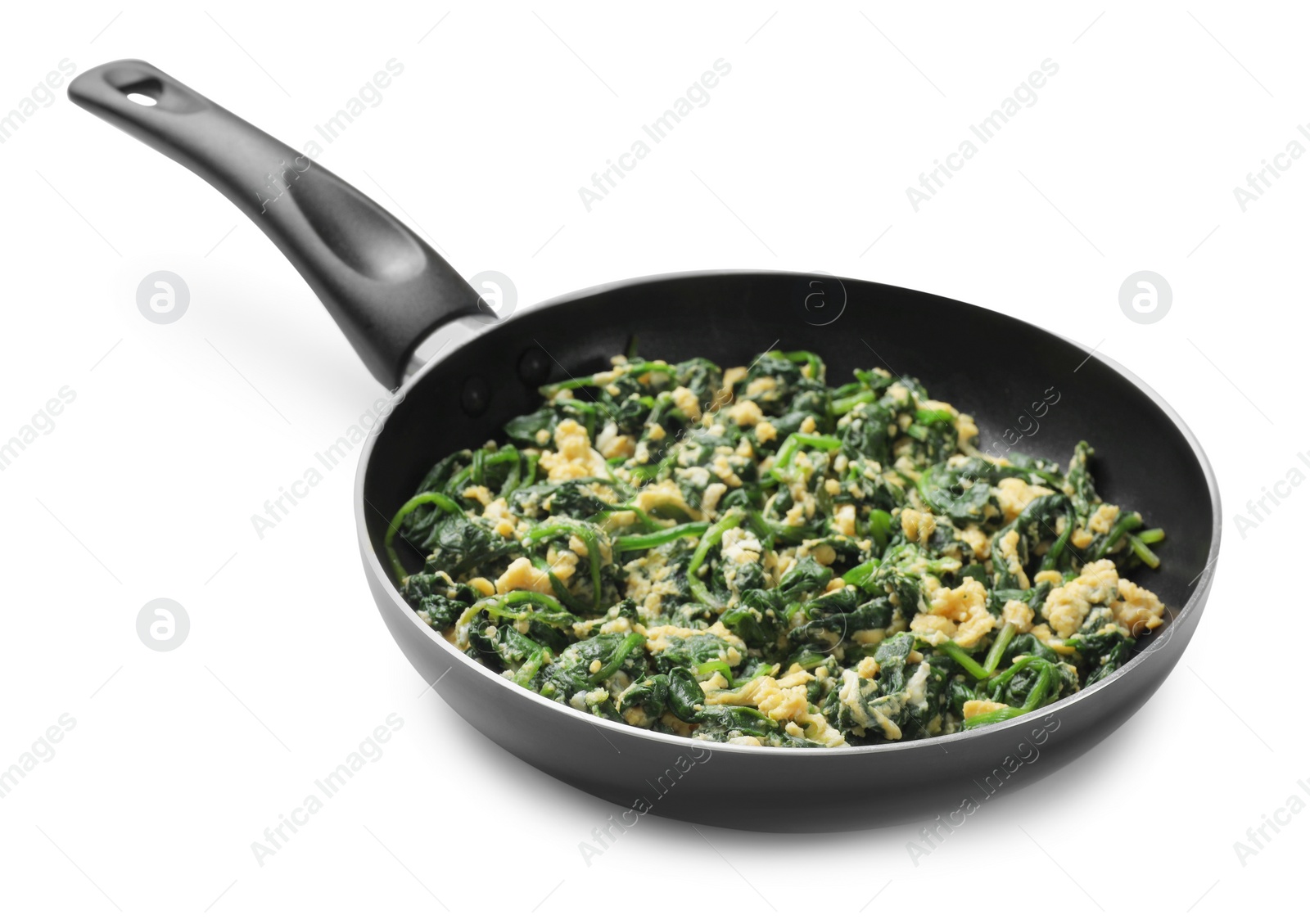 Photo of Tasty spinach dip with eggs in frying pan isolated on white