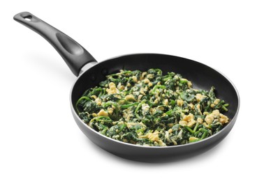 Photo of Tasty spinach dip with eggs in frying pan isolated on white