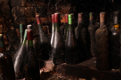 Photo of Many bottles of alcohol drinks with cobwebs on floor in cellar