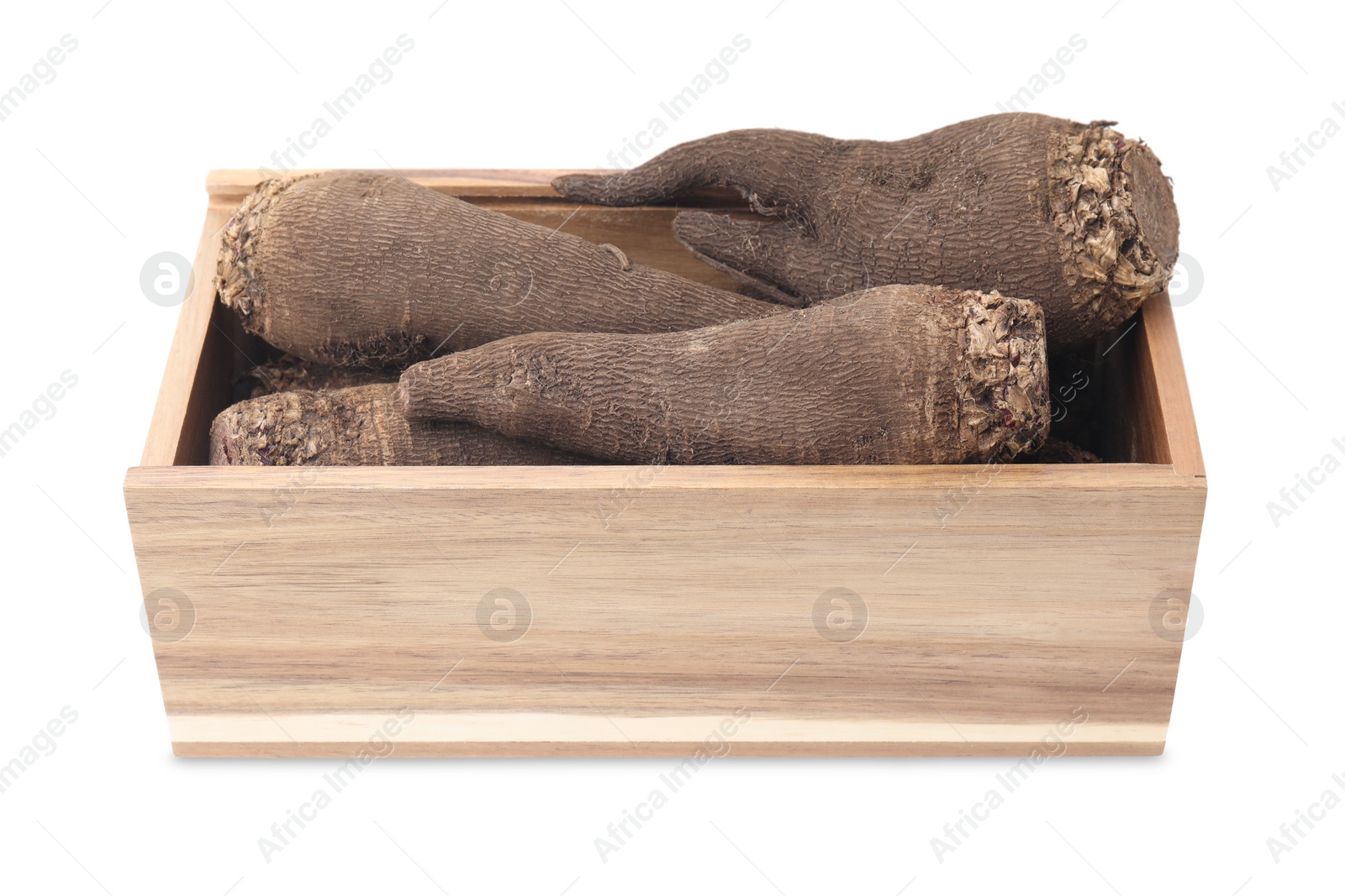 Photo of Red beets in wooden crate isolated on white