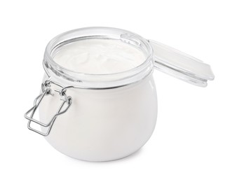 Photo of Jar of tasty organic yogurt isolated on white