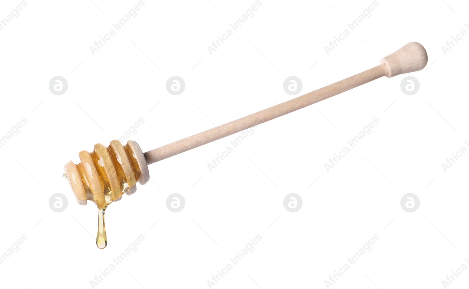 Photo of Fresh honey dripping from dipper on white background