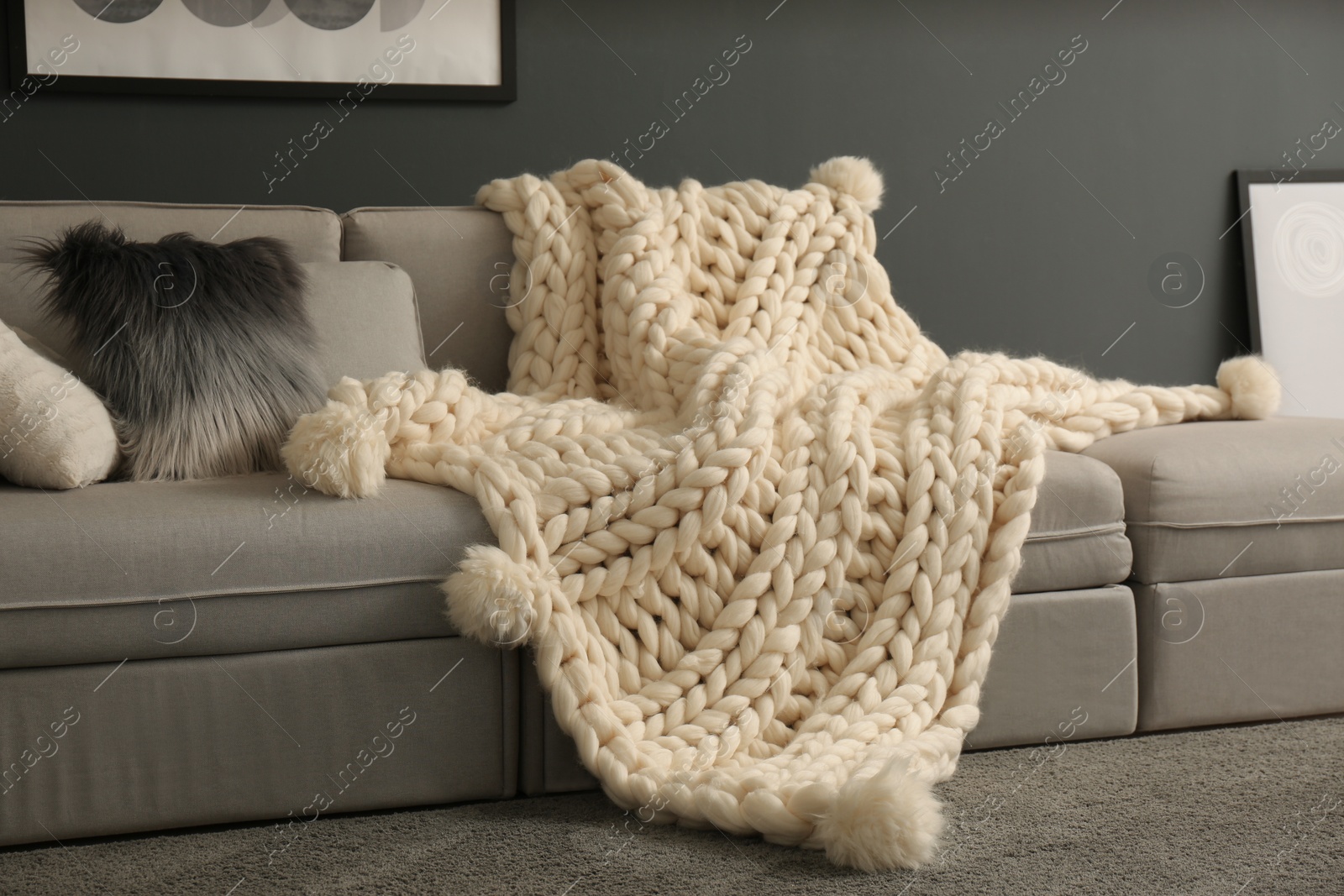 Photo of White knitted plaid on sofa in living room. Interior design