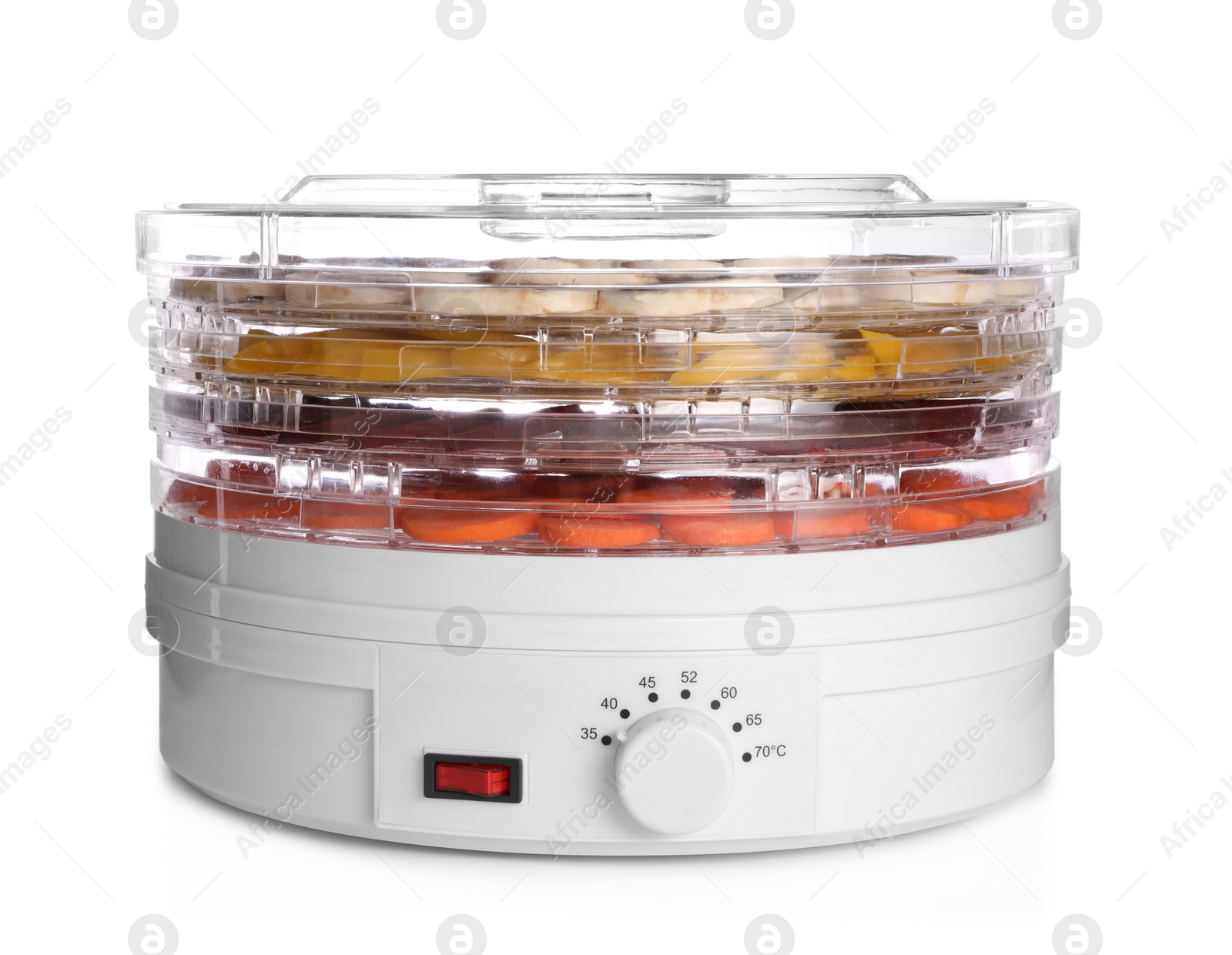 Photo of Modern dehydrator machine with vegetables isolated on white