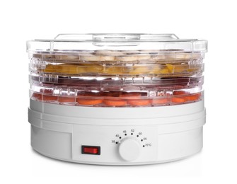 Photo of Modern dehydrator machine with vegetables isolated on white