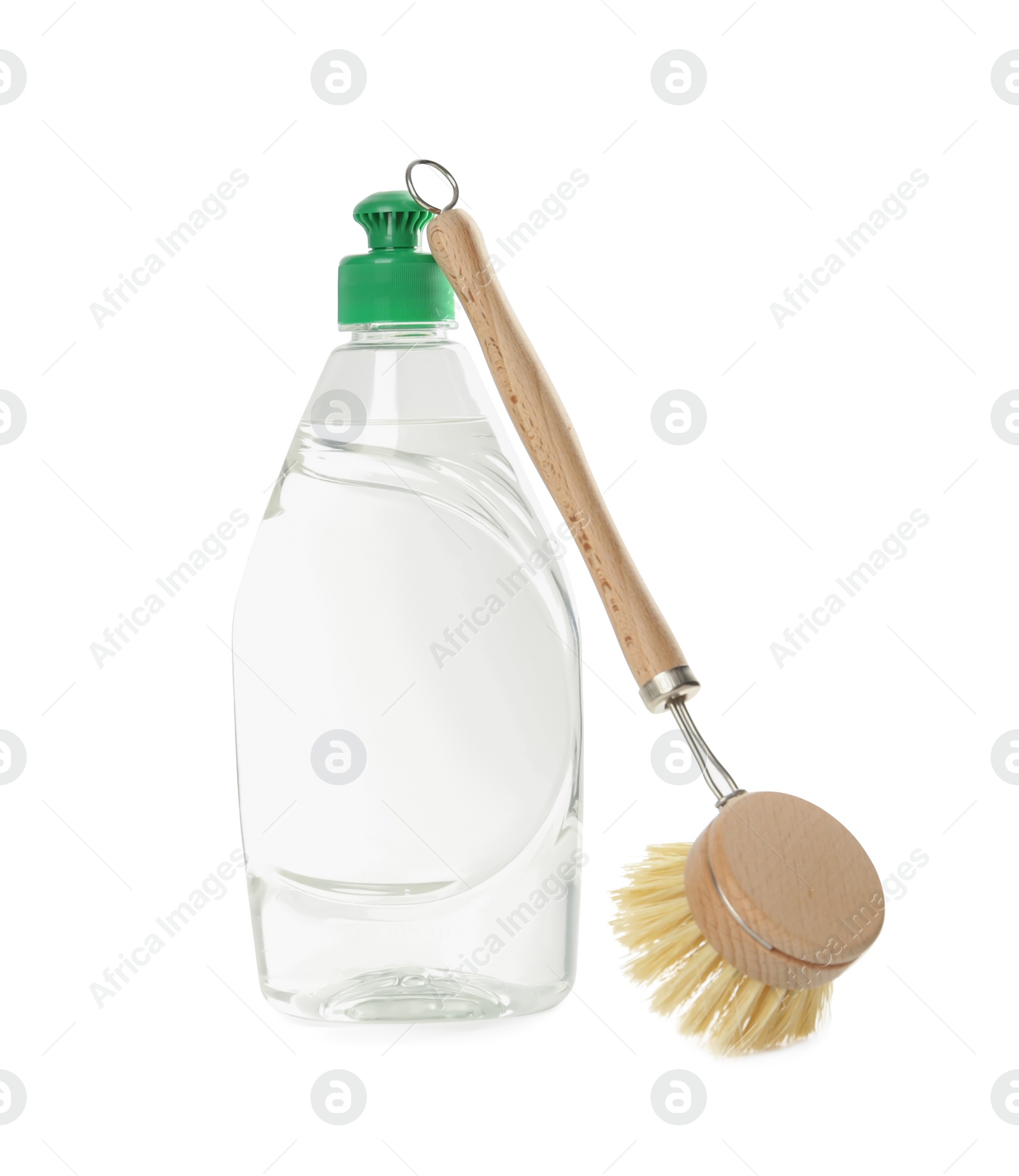 Photo of Cleaning supply and brush for dish washing on white background