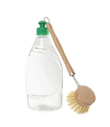 Cleaning supply and brush for dish washing on white background