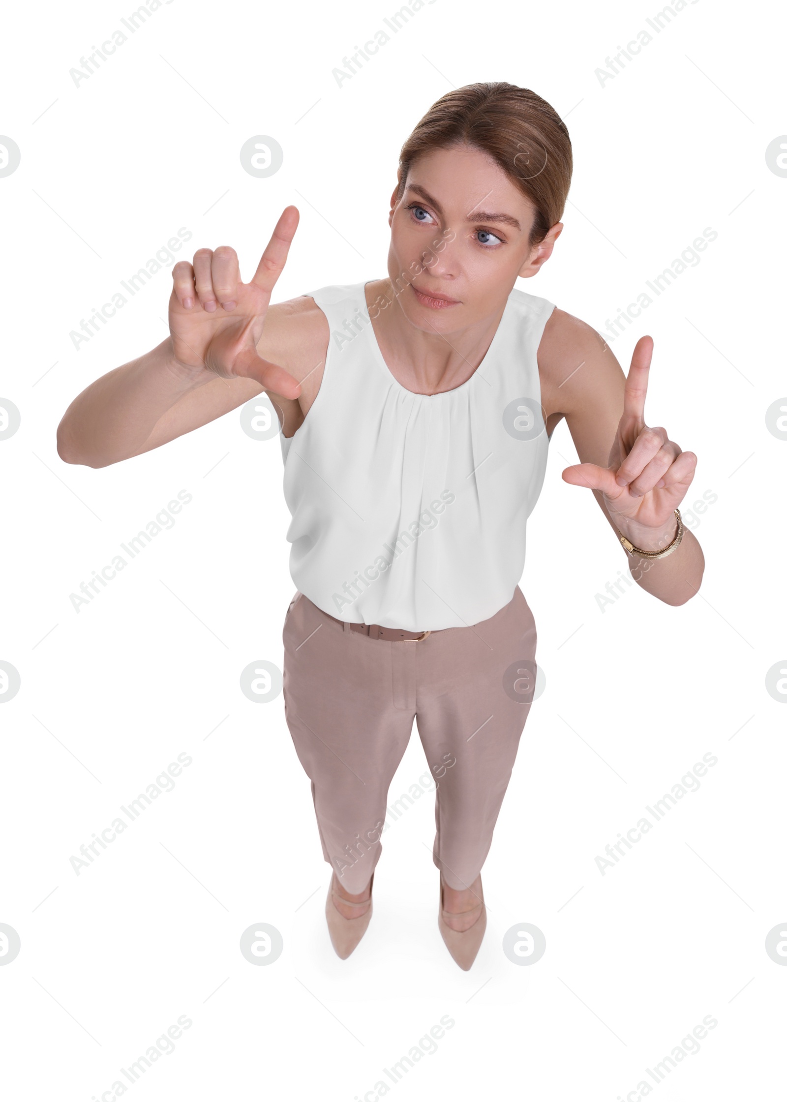 Photo of Beautiful businesswoman on white background, above view