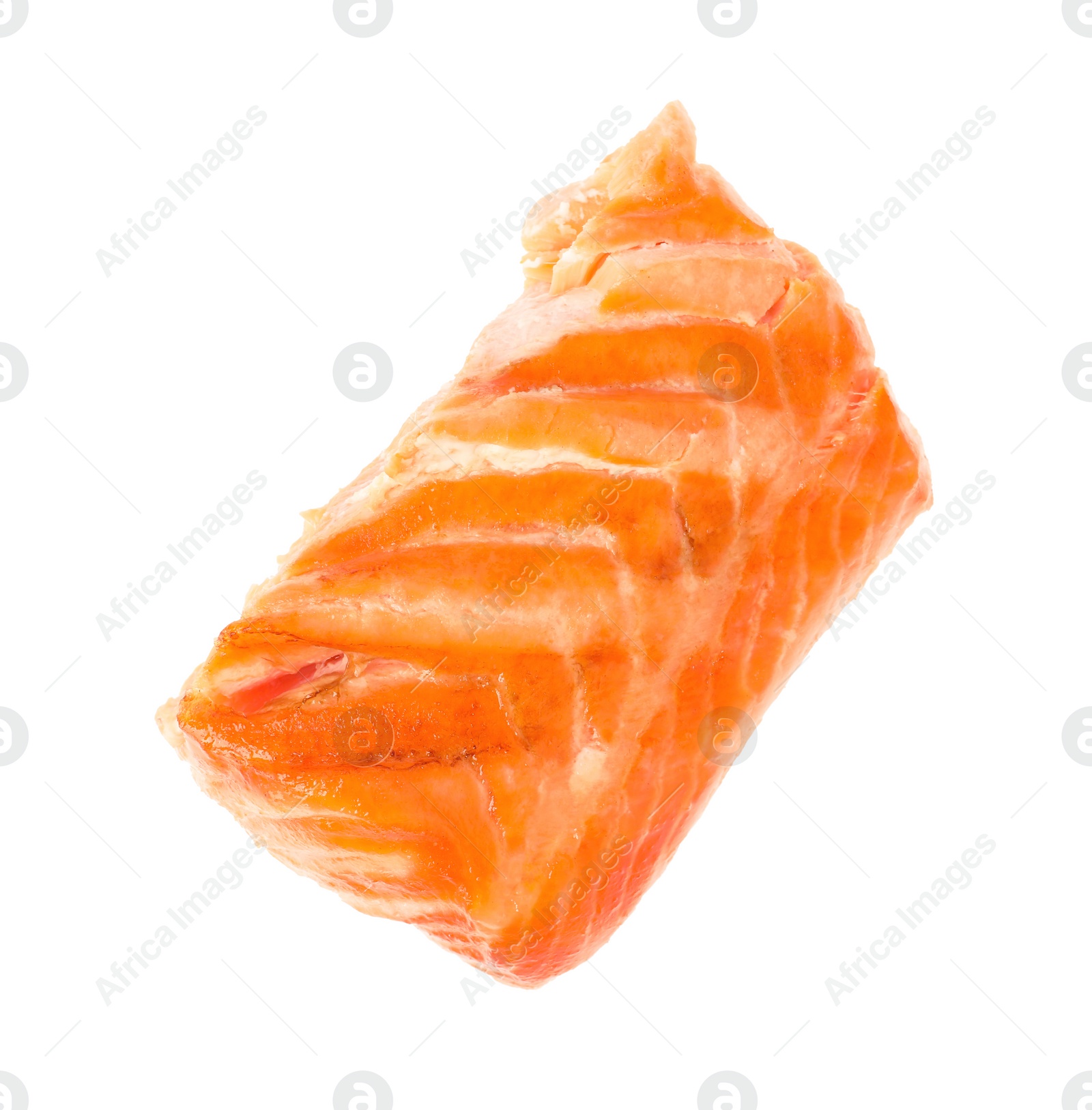 Photo of Piece of tasty grilled salmon isolated on white