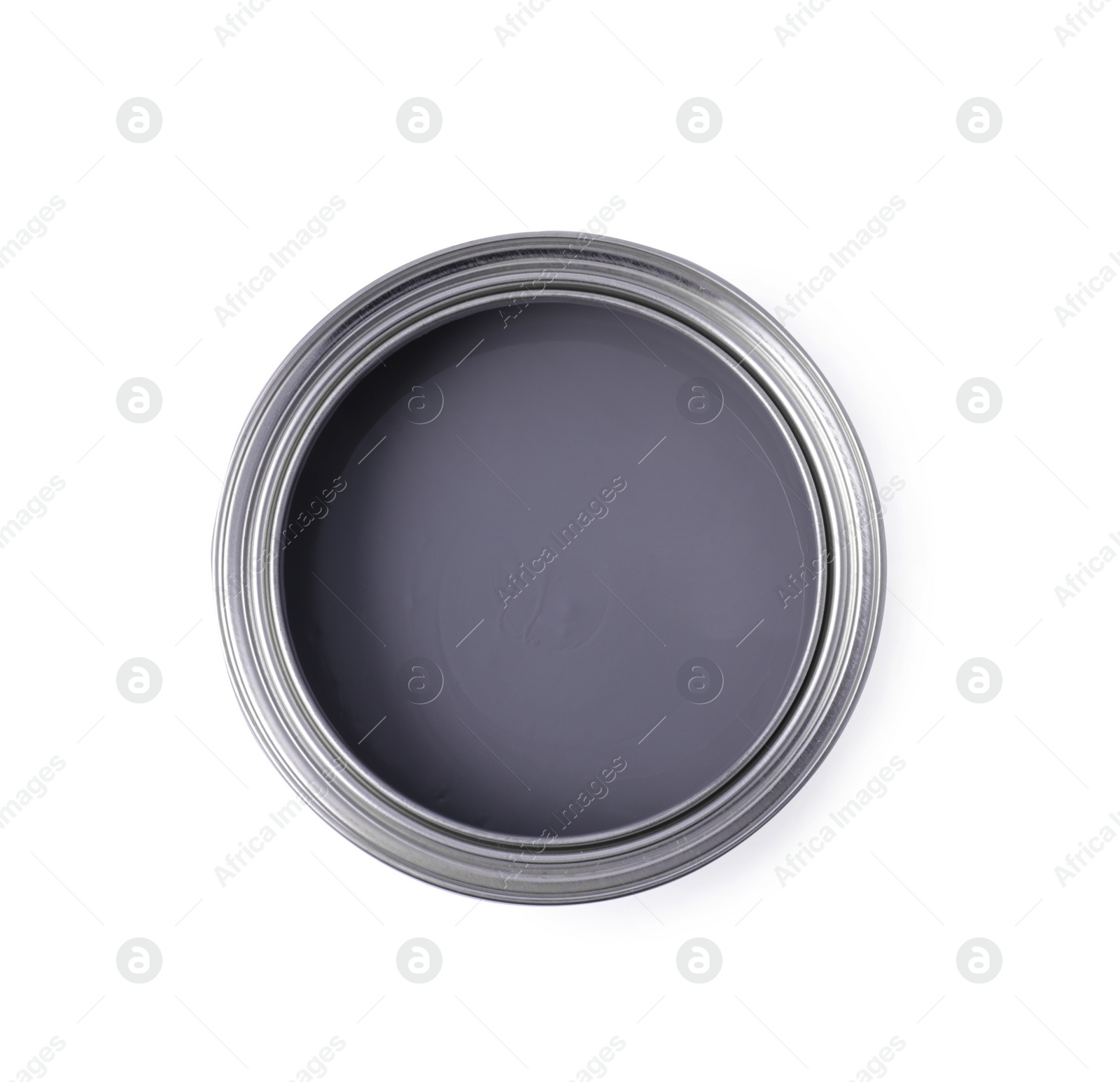 Photo of Can with gray paint on white background, top view