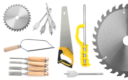 Image of Collage with different modern carpenter's tools on white background