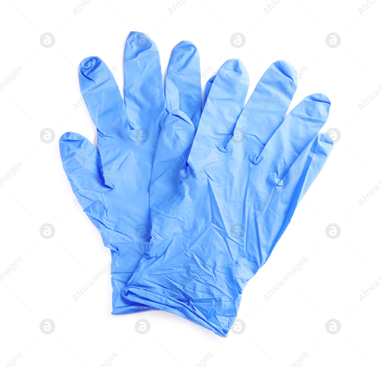 Photo of Pair of medical gloves isolated on white, top view