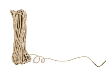 Photo of Bundle of hemp rope isolated on white, top view