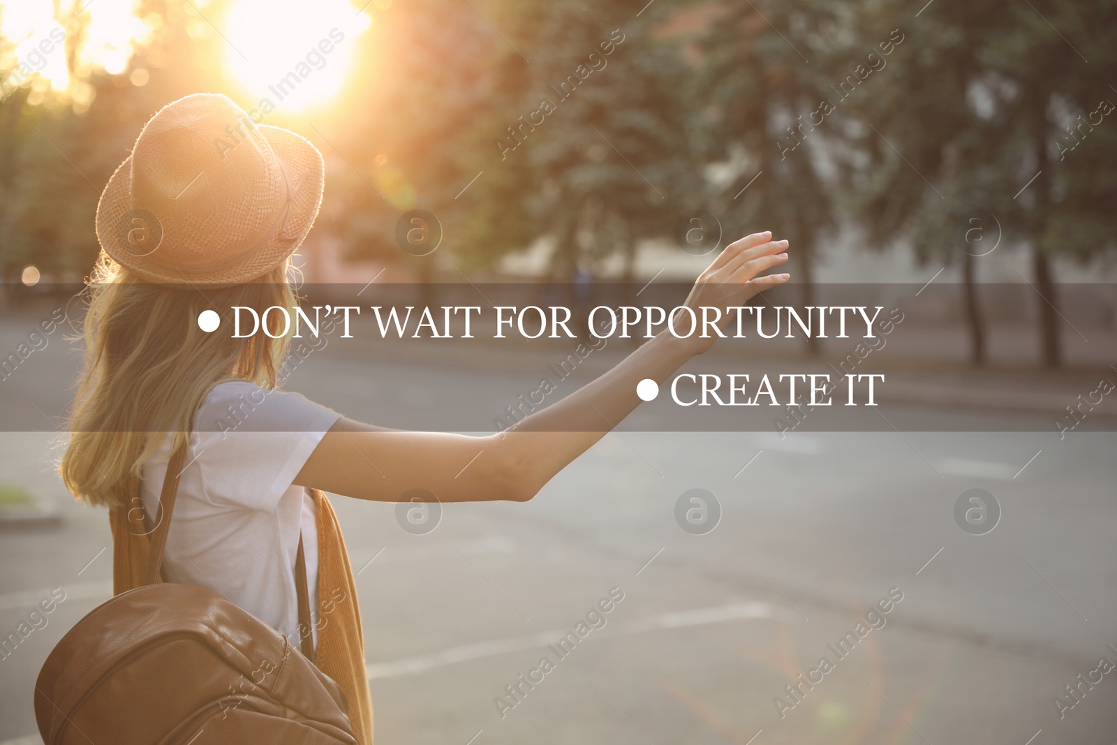 Image of Don't Wait For Opportunity Create It. Inspirational quote motivating to take first step, to be active. Text against view of woman outdoors at sunset