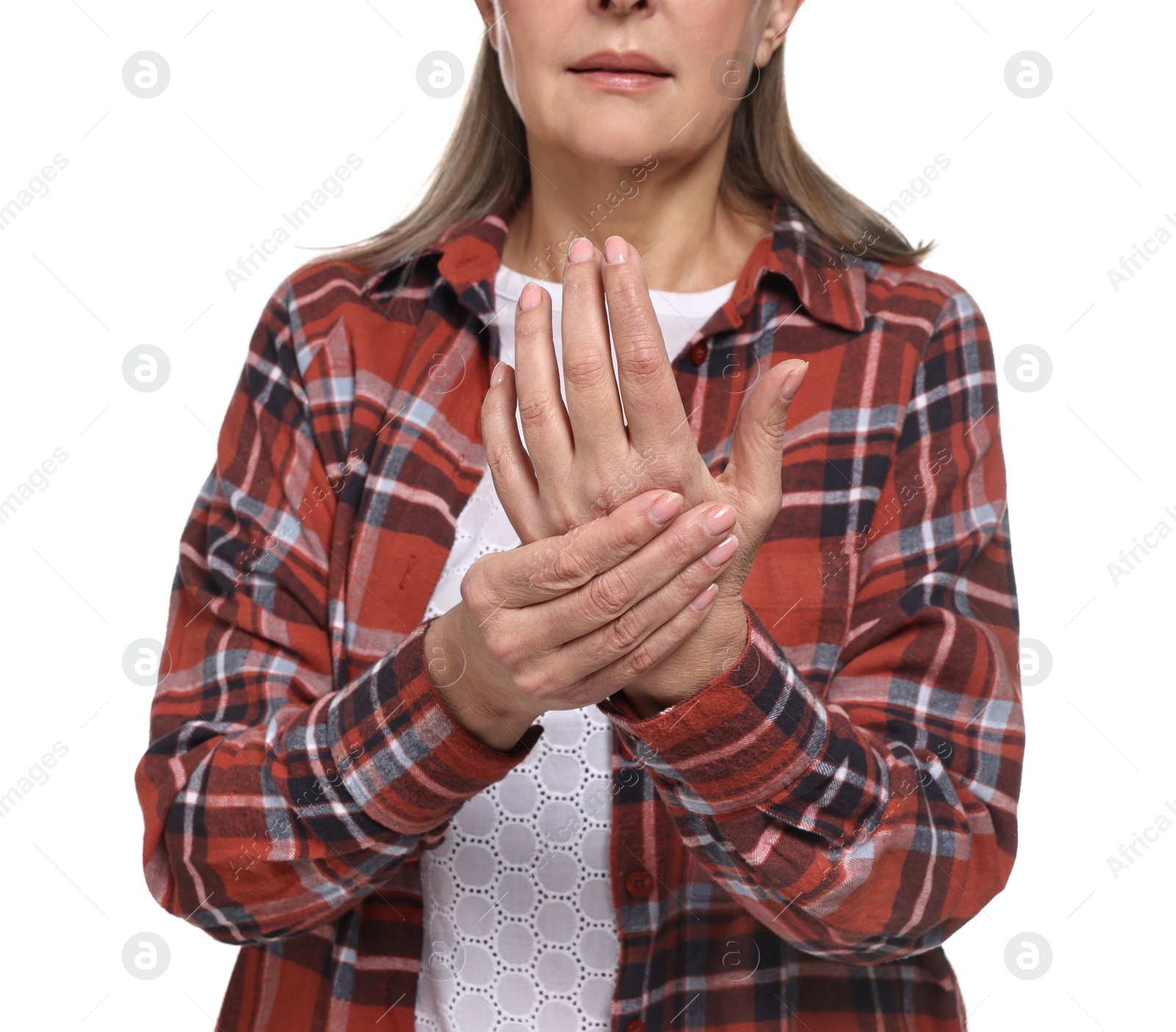 Photo of Arthritis symptoms. Woman suffering from pain in hand on white background, closeup