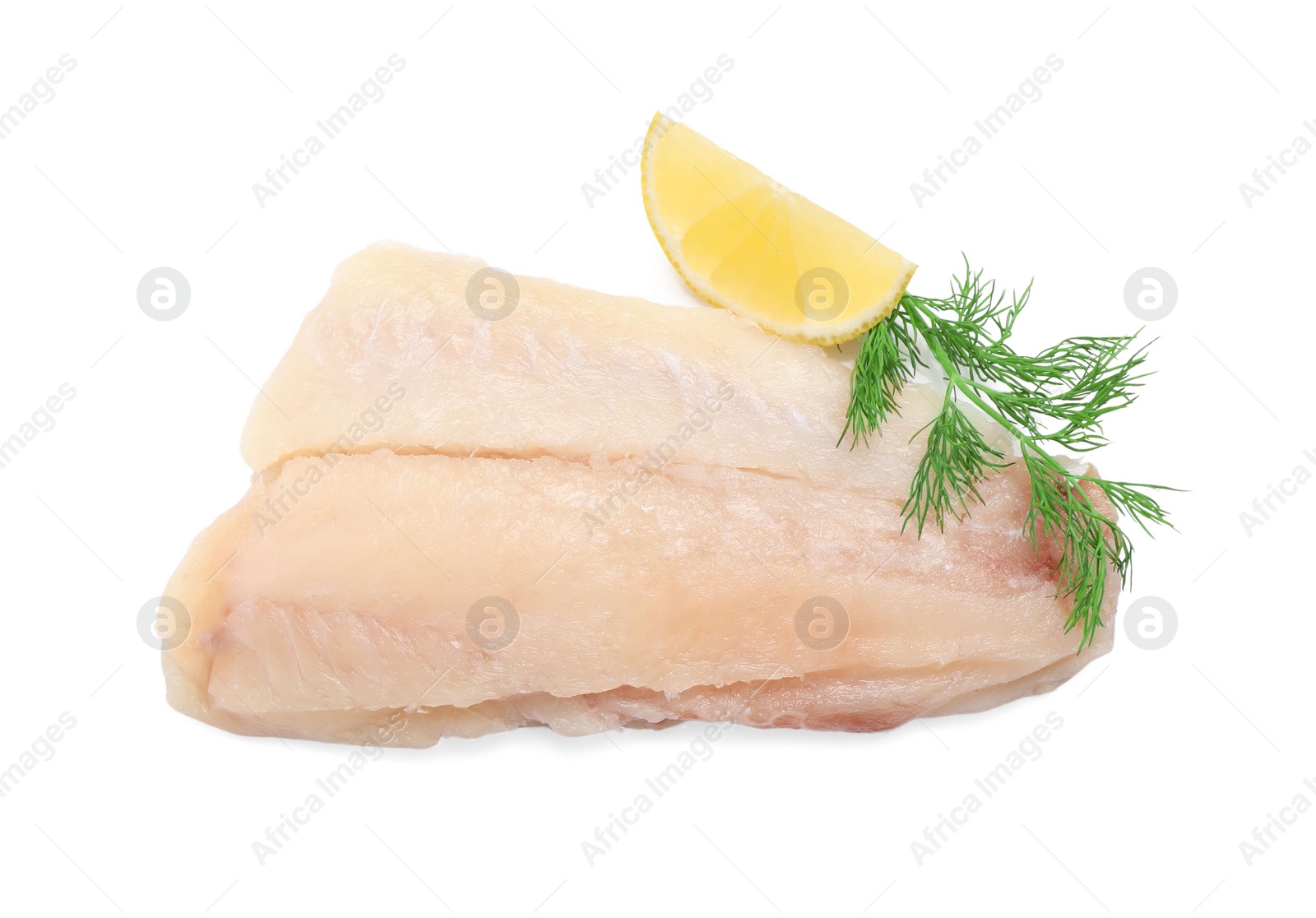 Photo of Piece of raw cod fish, dill and lemon isolated on white