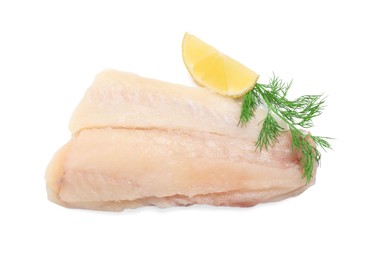 Photo of Piece of raw cod fish, dill and lemon isolated on white