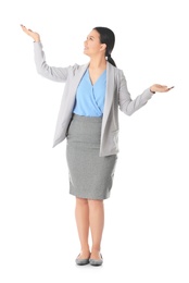 Photo of Business trainer explaining seminar on white background