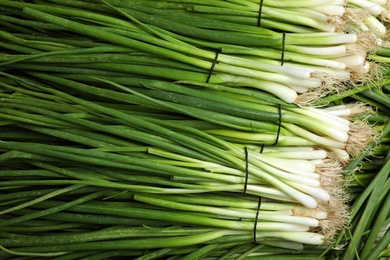 Photo of Bunches of fresh green onions as background, top view