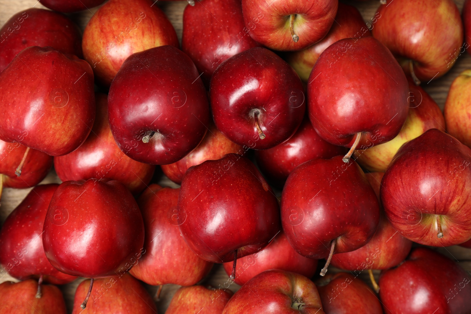 Photo of Fresh ripe red apples as background, top view