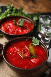 Stylish brown clay bowls with Ukrainian borsch served on wooden table