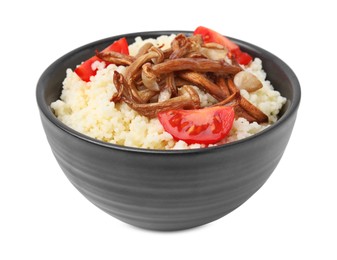 Photo of Bowl of tasty couscous with mushrooms and tomatoes on white background