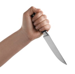 Photo of Woman holding knife on white background, closeup