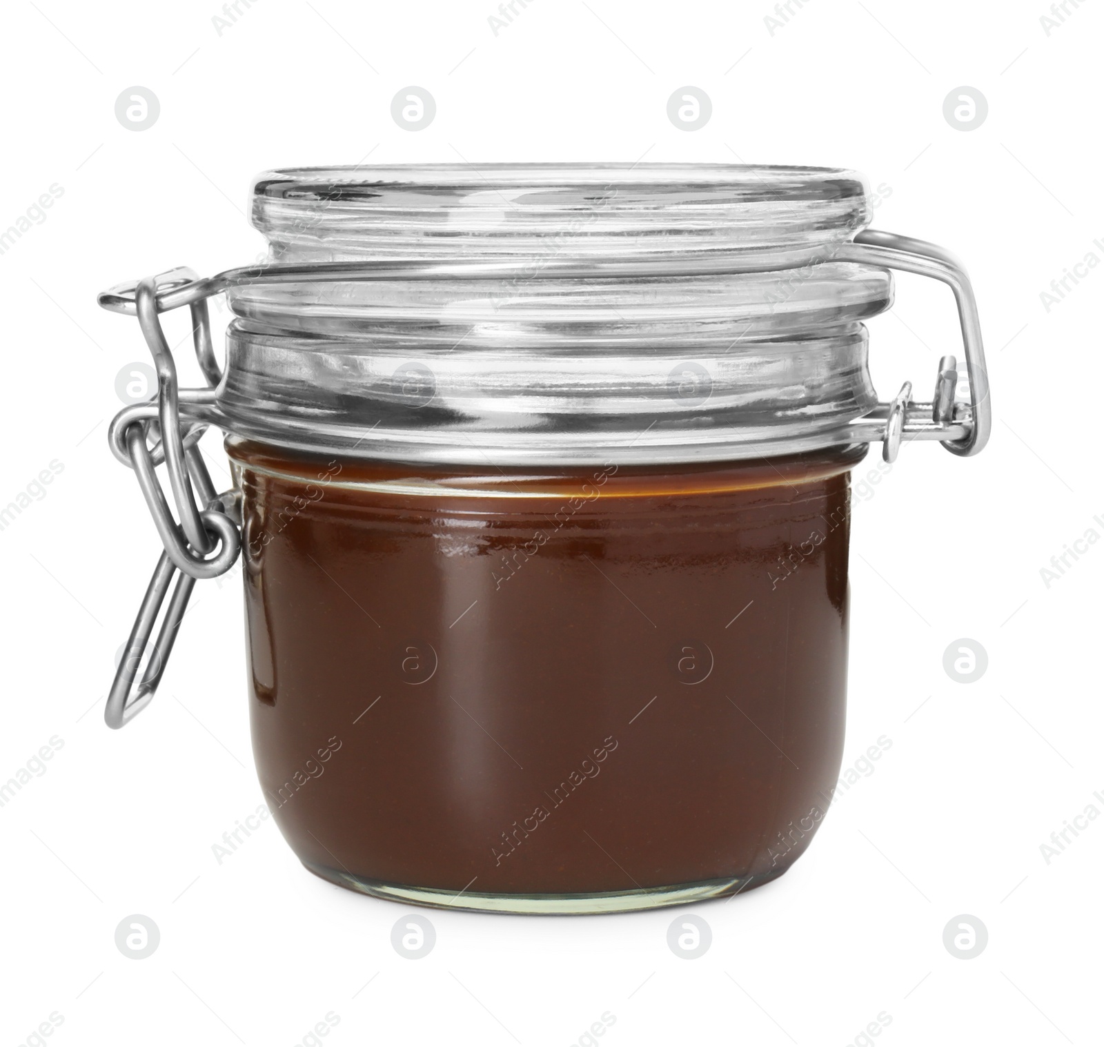 Photo of Tasty barbecue sauce in glass jar isolated on white