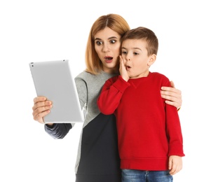 Photo of Mother and her son using video chat on tablet against white background