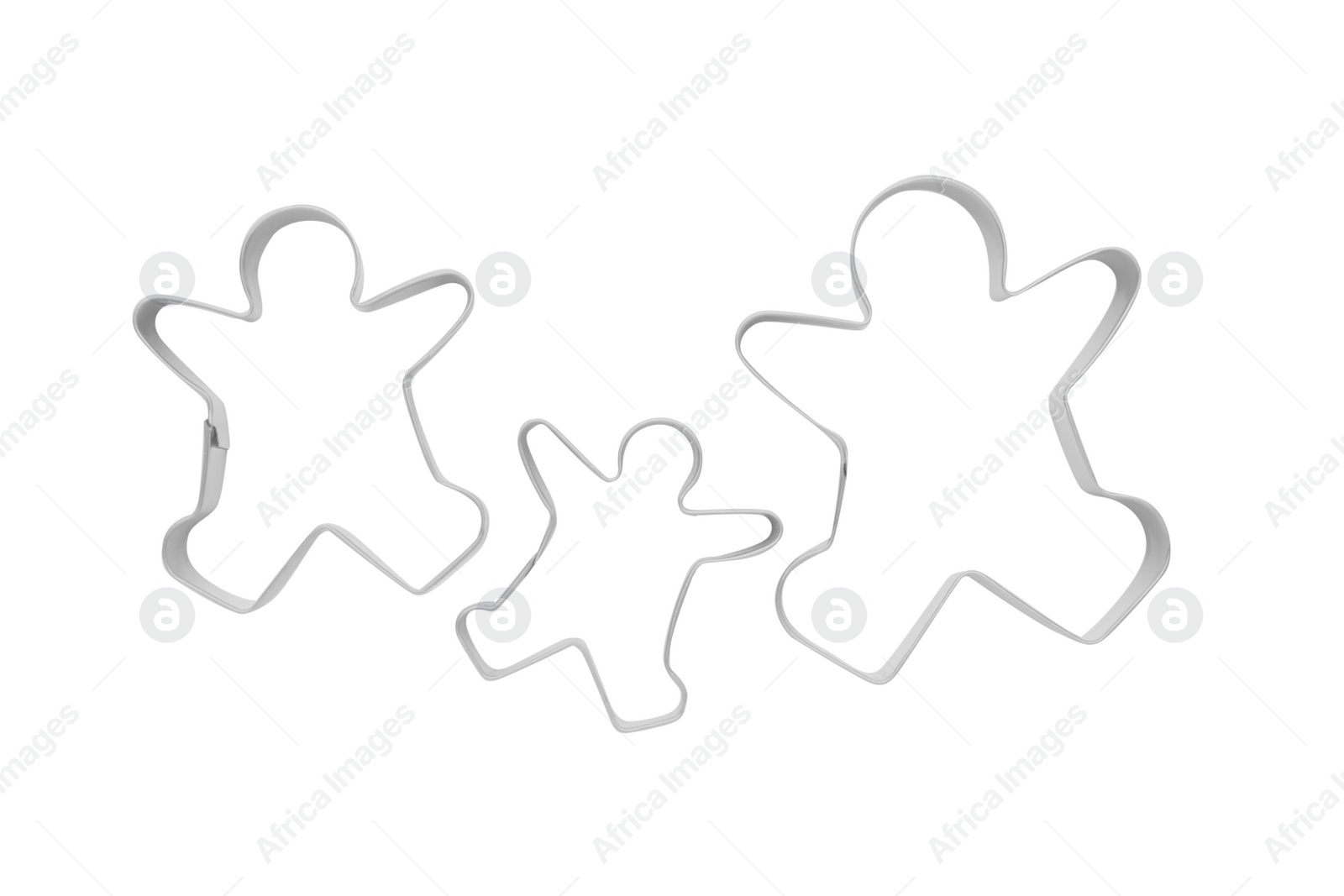Photo of Gingerbread man cookie cutters on white background, top view