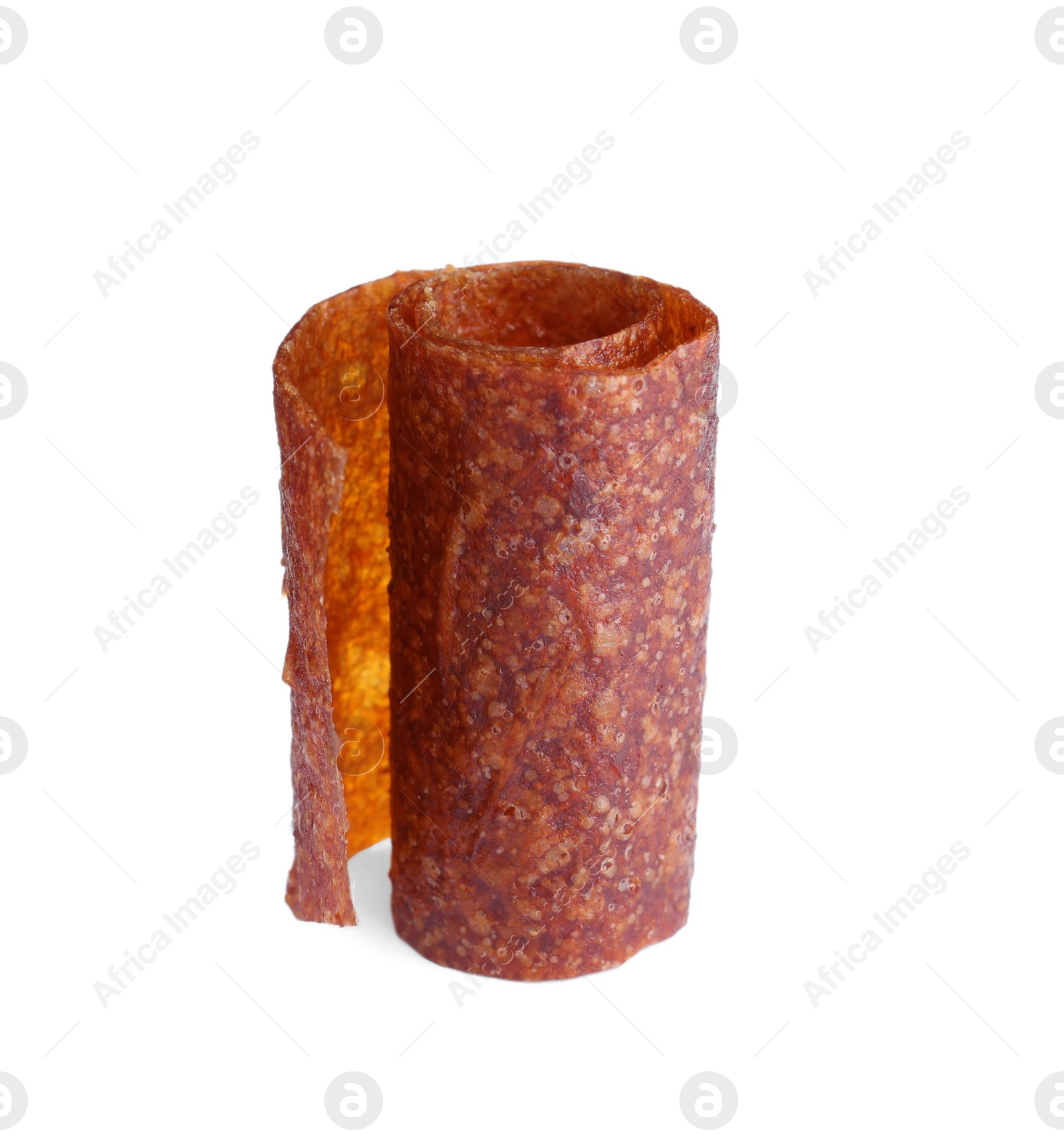 Photo of Delicious fruit leather roll isolated on white