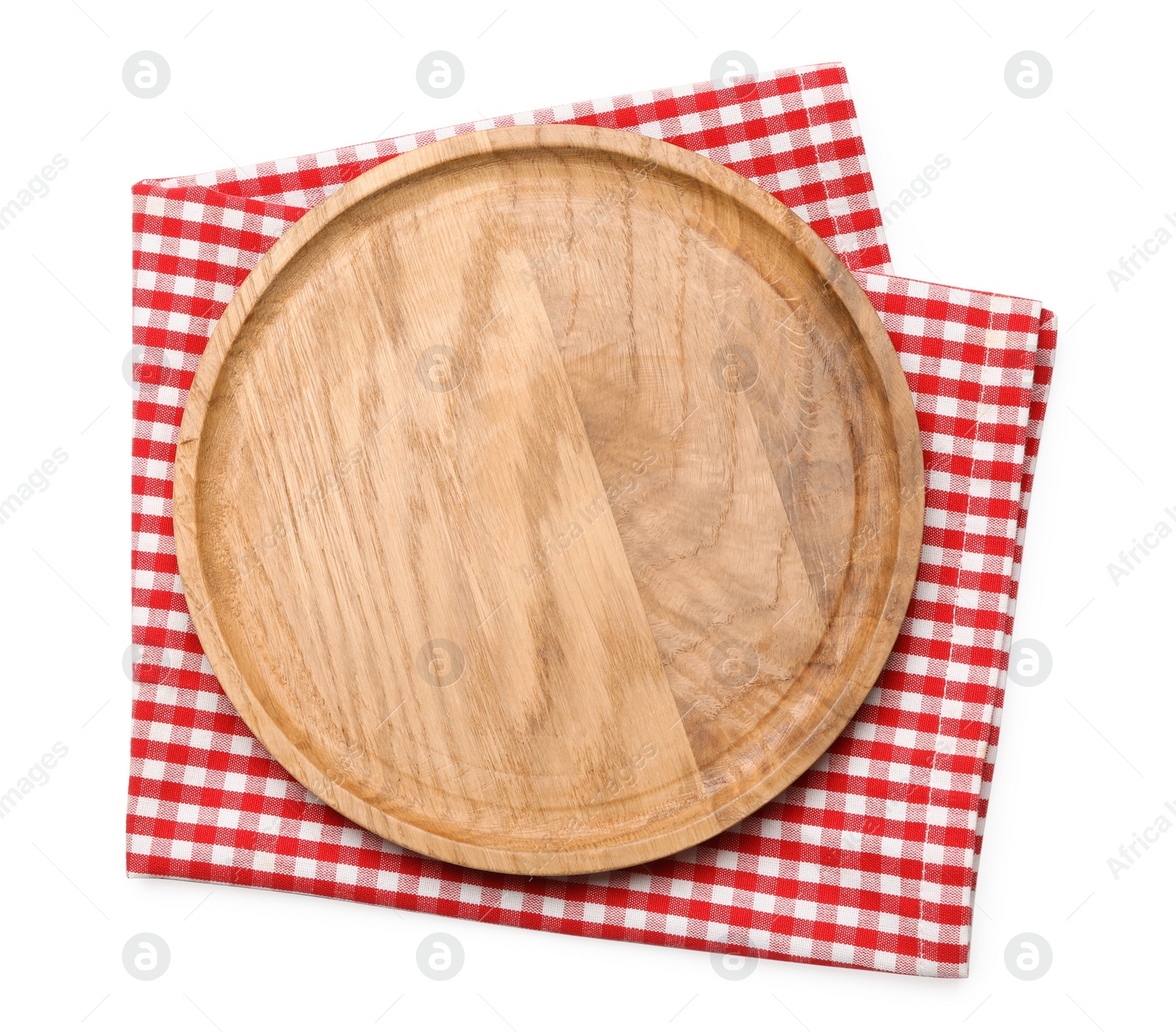 Photo of Empty wooden board and checkered napkin isolated on white, top view