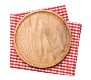 Photo of Empty wooden board and checkered napkin isolated on white, top view