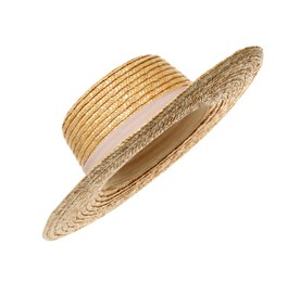 Photo of Stylish straw hat isolated on white. Beach accessory