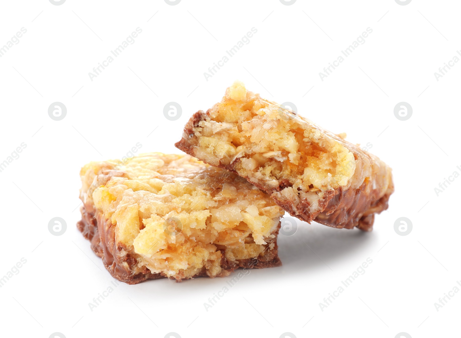 Photo of Pieces of tasty protein bar on white background