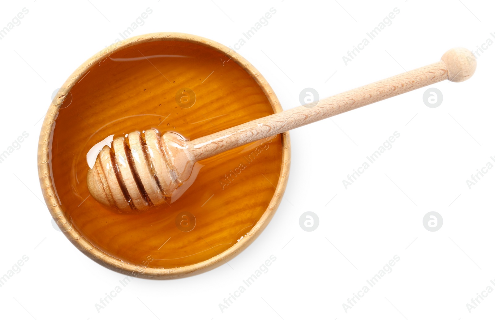 Photo of Tasty honey in bowl and dipper isolated on white, top view