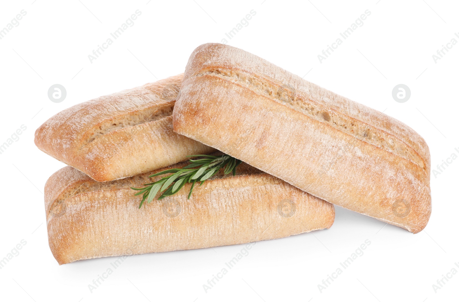 Photo of Crispy ciabattas with rosemary isolated on white. Fresh bread