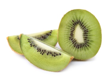 Pieces of fresh kiwis on white background