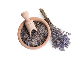 Wooden bowl, scoop and bunch of dry lavender isolated on white, top view