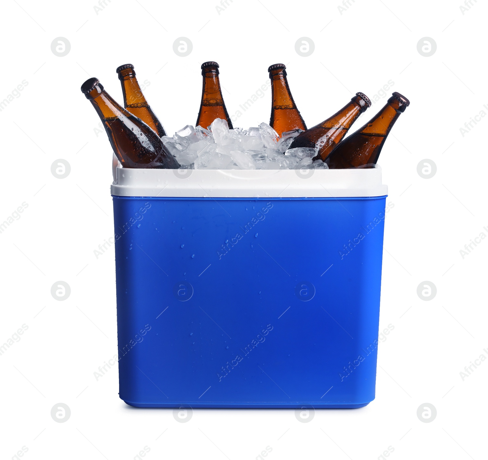 Photo of Blue plastic cool box with ice cubes and beer on white background