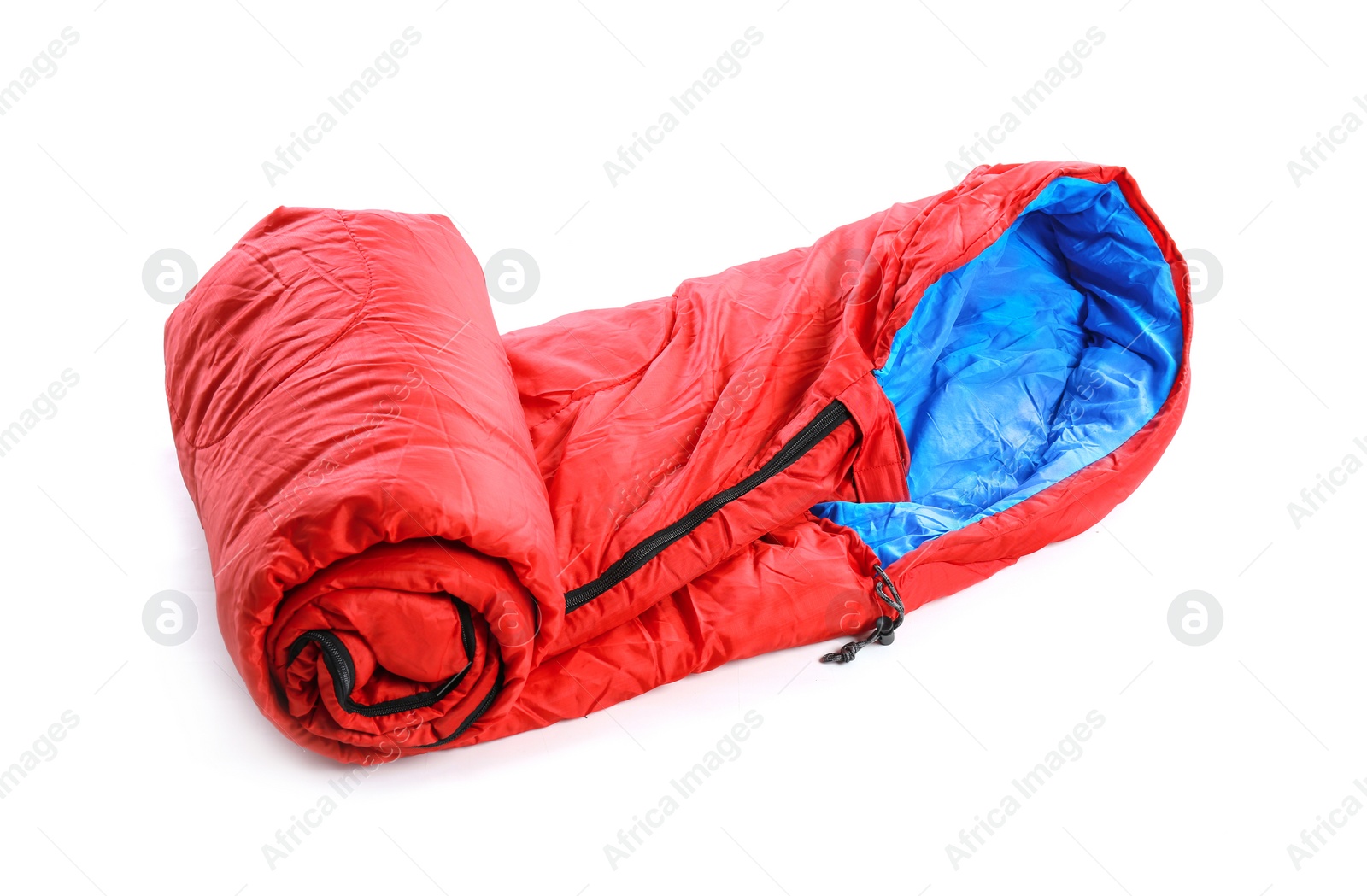 Photo of Rolled sleeping bag on white background. Camping equipment