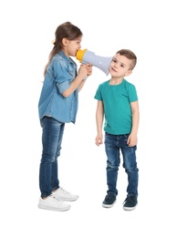 Adorable little kids with megaphone on white background