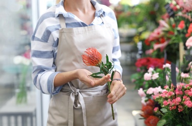 Photo of Female florist holding beautiful flower in shop