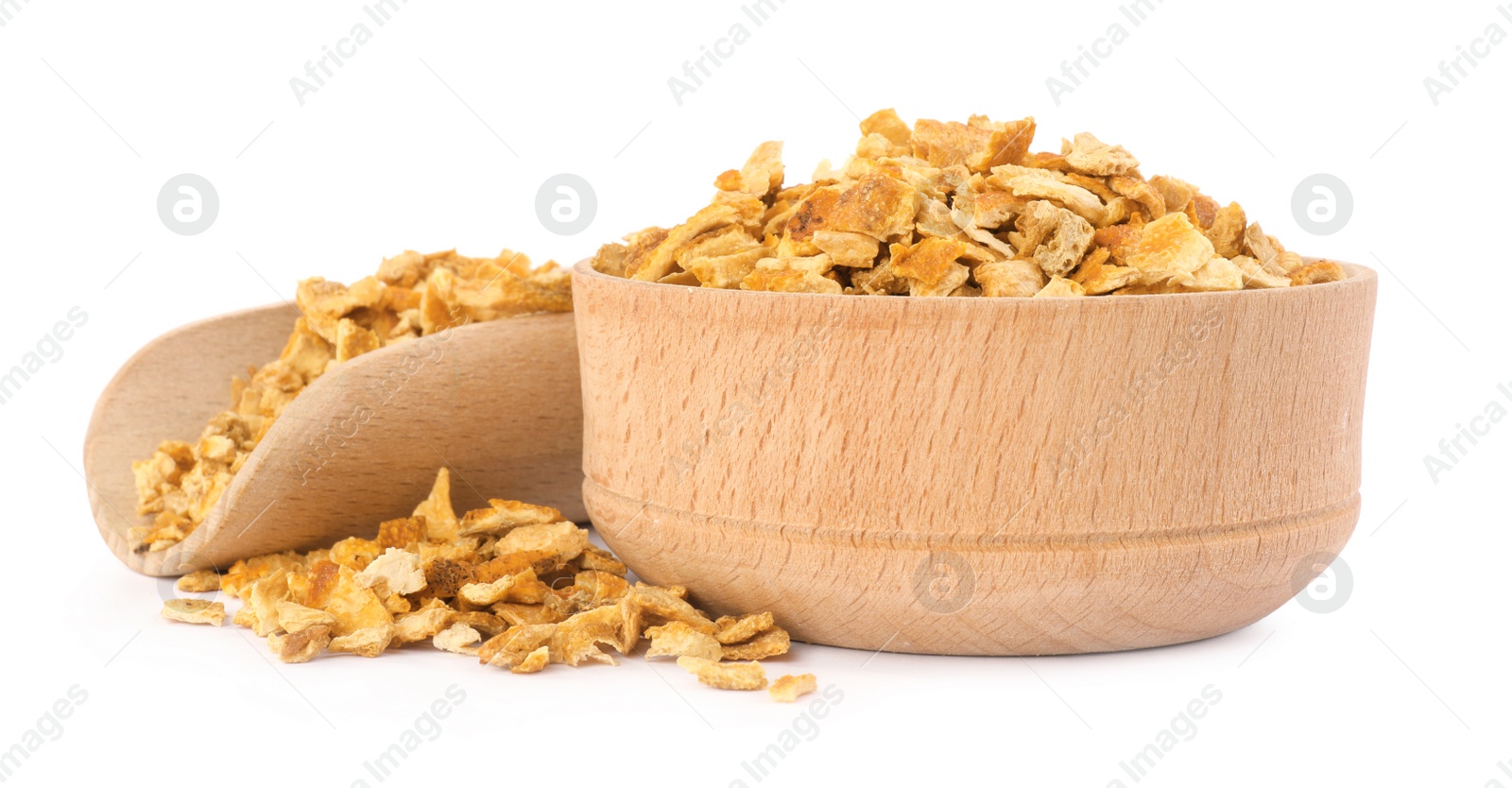 Photo of Bowl and scoop with dried orange zest seasoning isolated on white