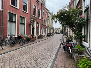 Photo of Beautiful view of city street with bicycles and pink rose bush